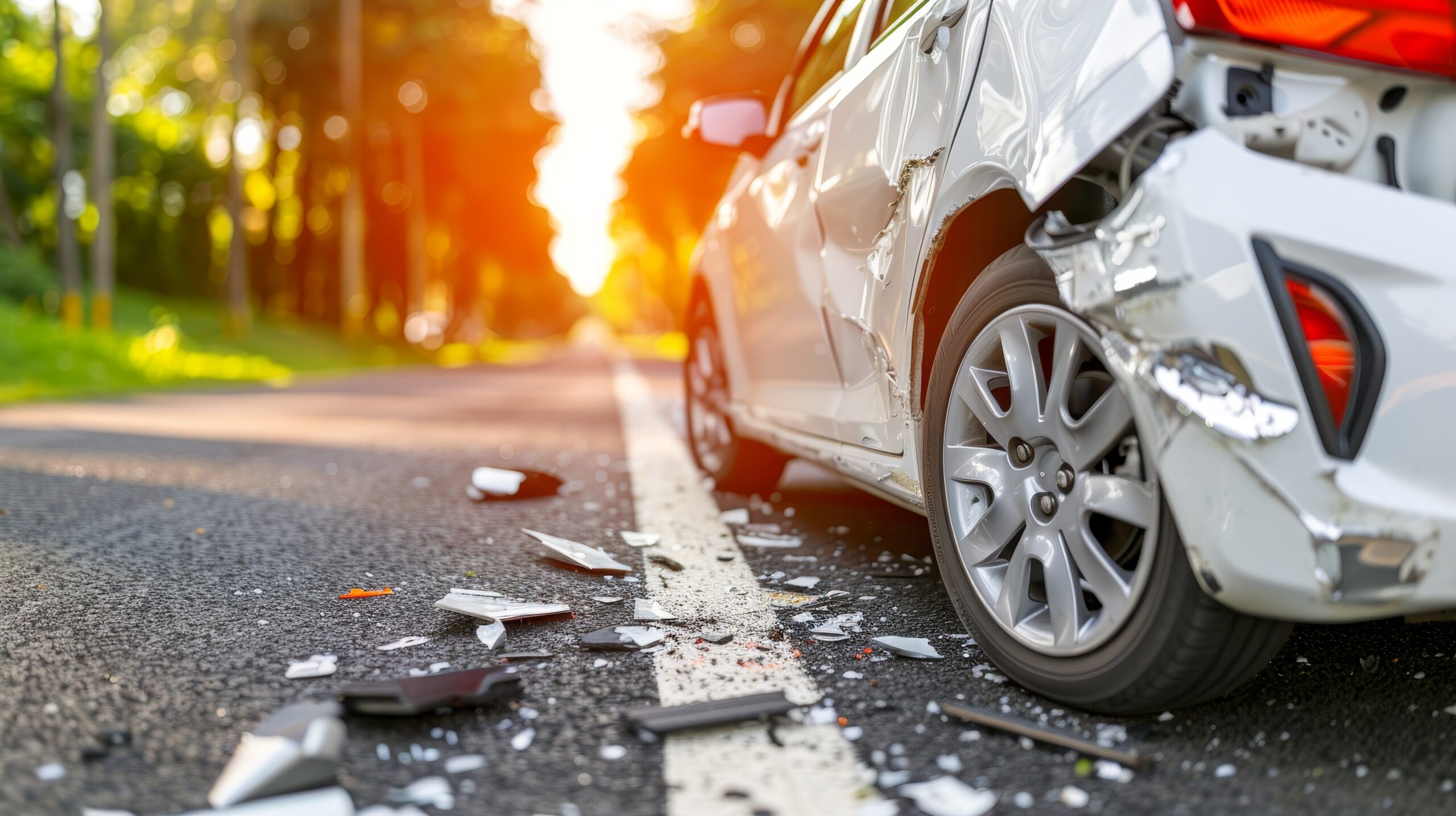 Car accident scene on tranquil country road surrounded by beautiful rural landscapes